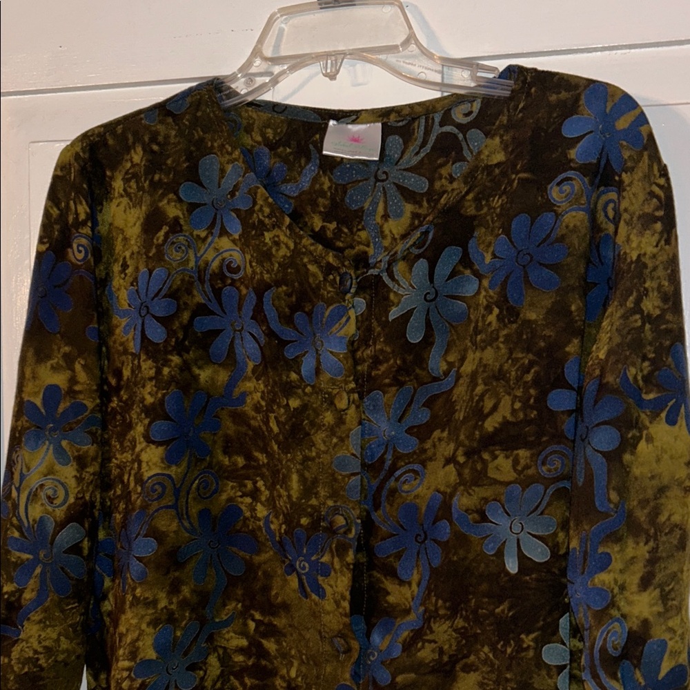 GLOBAL VILLAGE Womens Floral Blouse Blue Green Large Dark Cottage Feminine Indie